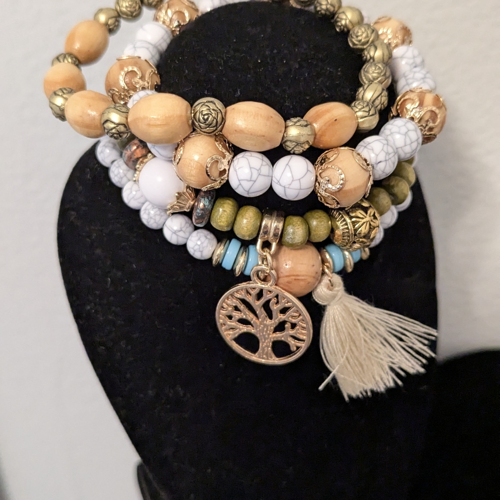 Bohemian Beaded Bracelet Set with Tree Charm